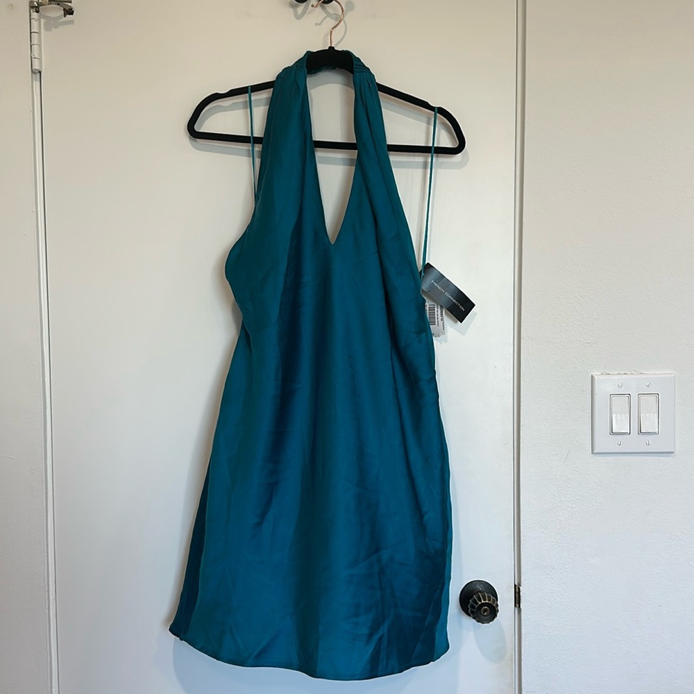 FRENCH CONNECTION Teal blue satin halter style cocktail dress size 6